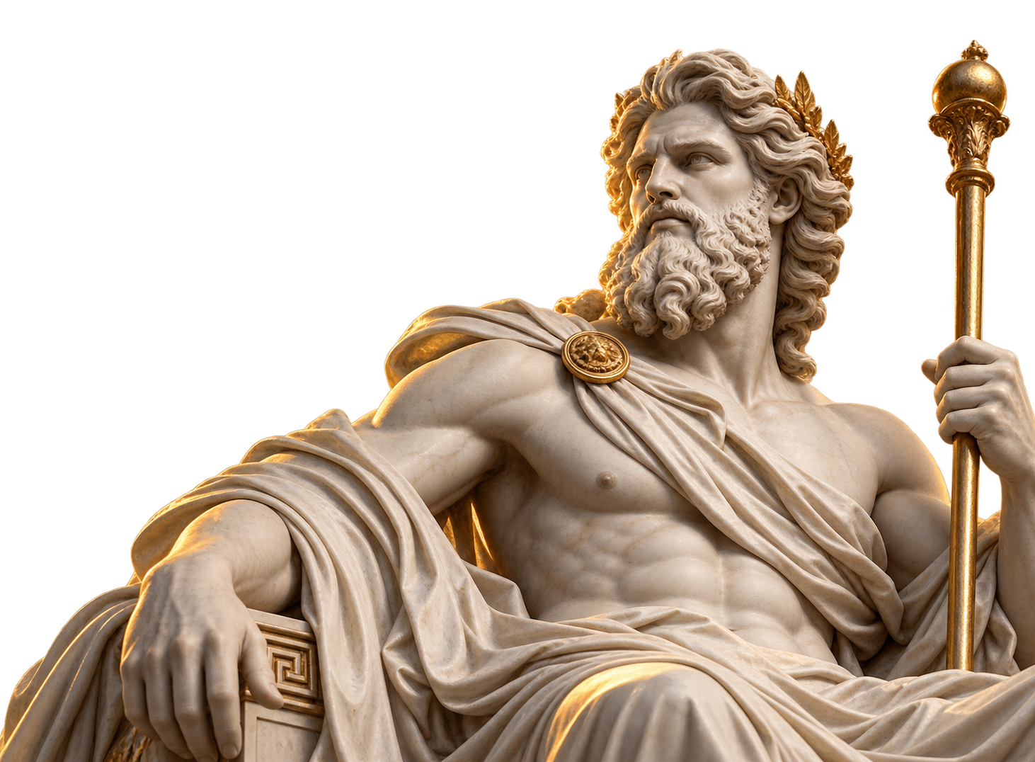 Escultura clássica em mármore com detalhes dourados, referência ao Olimpo