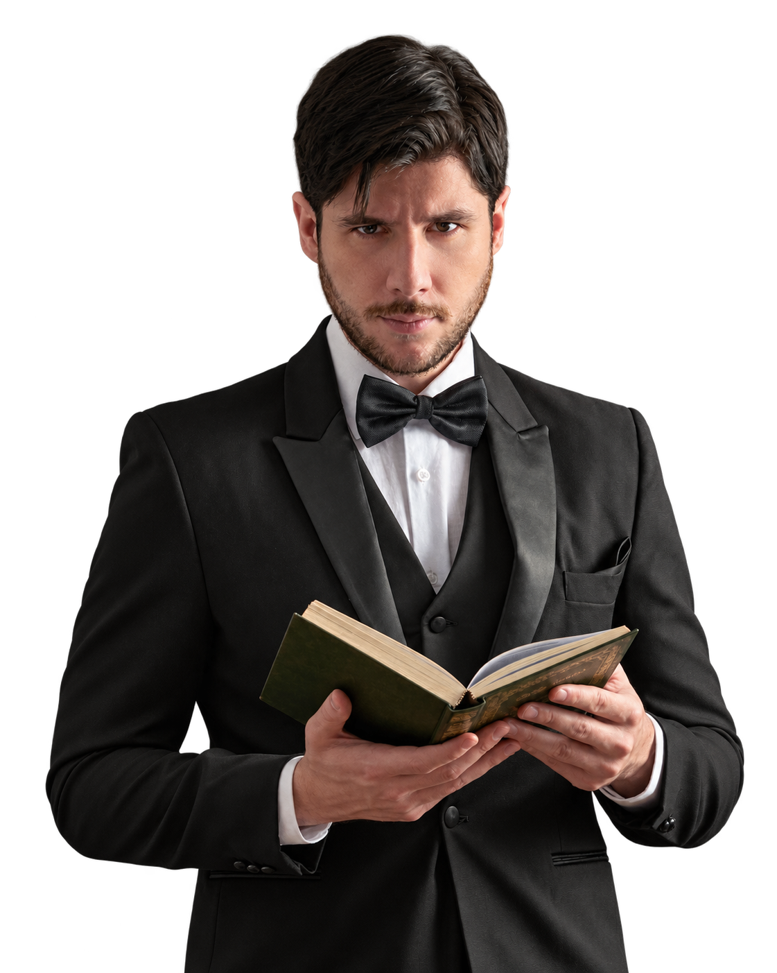 Dr. Diego Leonel de smoking, segurando um livro aberto