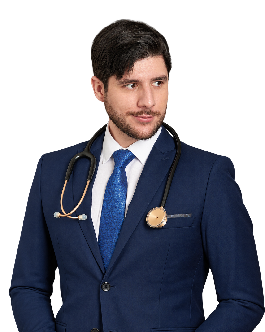 Dr. Diego Leonel de terno azul com estetoscópio no pescoço